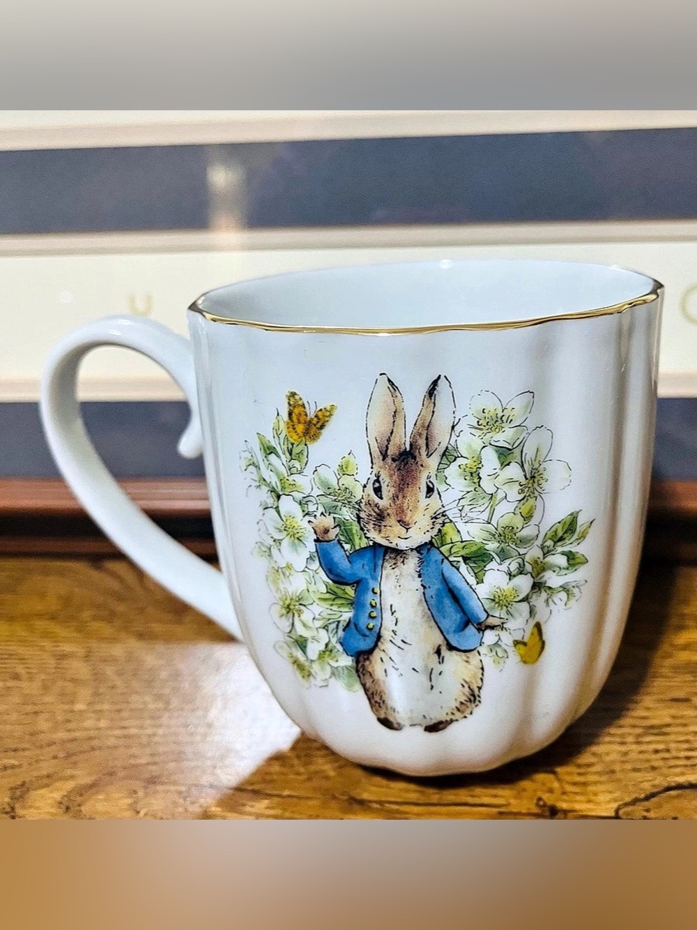 Peter Rabbit Mug Floral White Blue 16 oz
